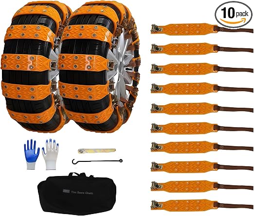 10pcs Universal Car Snow Chains with Storage Bag and Tools, Tires 165-265mm for Car Truck SUV, Non-Slip Adjustable Winte