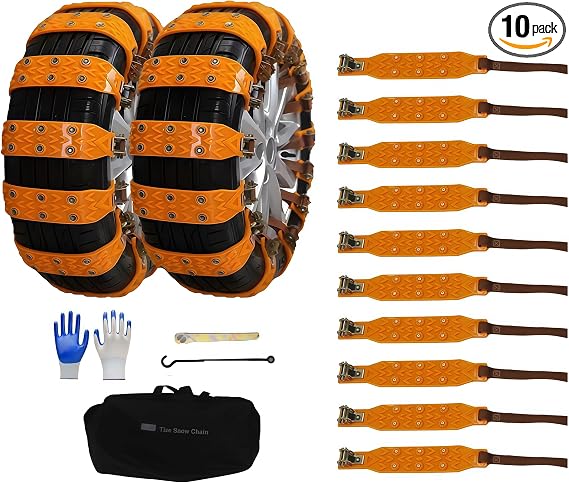 10pcs Universal Car Snow Chains with Storage Bag and Tools, Tires 165-265mm for Car Truck SUV, Non-Slip Adjustable Winte