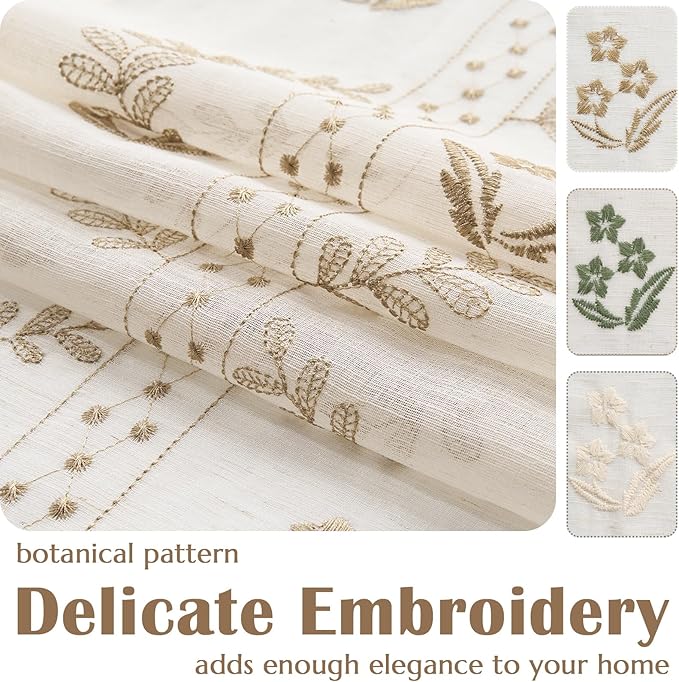 jinchan Belrose Sheer French Door Curtain Embroidered Farmhouse Linen Curtain for Patio Light Filtering for Door Window Closet Rod Pocket 72 Inches 1 Panel Taupe on Beige