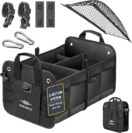 Car Trunk Organizer - Collapsible, Foldable - with Covering Net, Removable Dividers, Attachable Non-Slip Pads, Mounting 