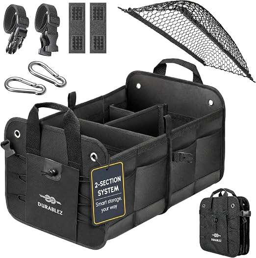 Car Trunk Organizer - Collapsible, Foldable - with Covering Net, Removable Dividers, Attachable Non-Slip Pads, Mounting 