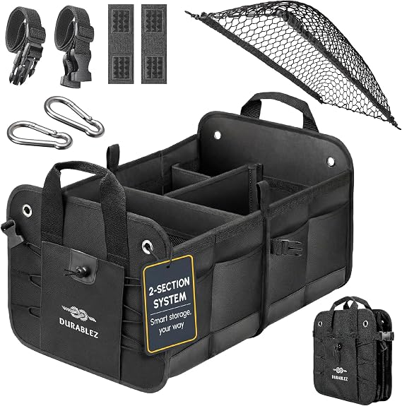 Car Trunk Organizer - Collapsible, Foldable - with Covering Net, Removable Dividers, Attachable Non-Slip Pads, Mounting 