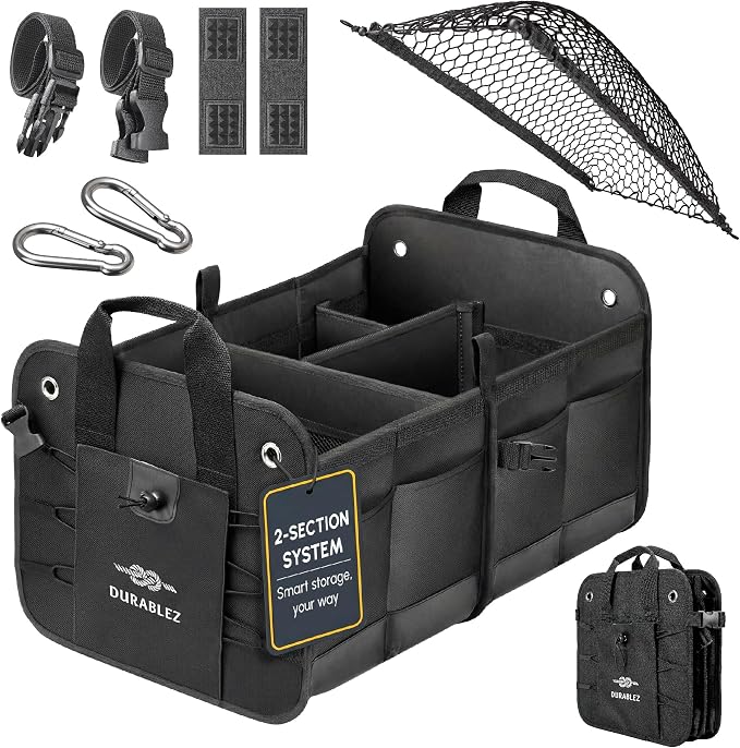 Car Trunk Organizer - Collapsible, Foldable - with Covering Net, Removable Dividers, Attachable Non-Slip Pads, Mounting 
