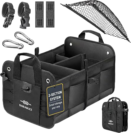 Car Trunk Organizer - Collapsible, Foldable - with Covering Net, Removable Dividers, Attachable Non-Slip Pads, Mounting 