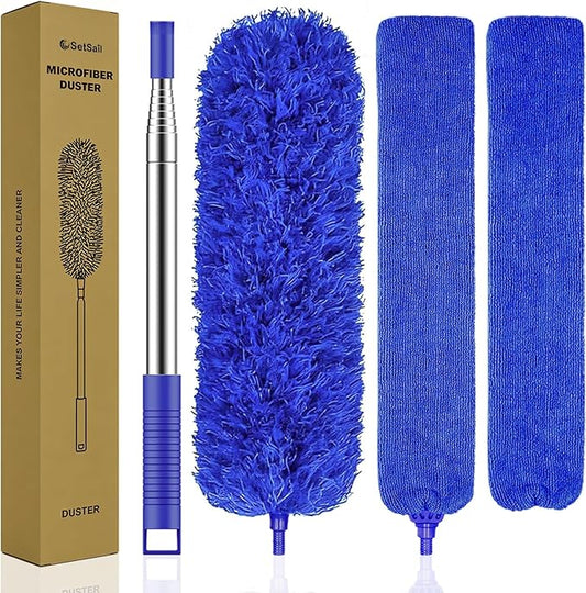 SetSail Dusters for Cleaning 100-inch Extra-Long Gap Duster with Extension Pole Bendable Microfiber Head Washable Ceiling Fan Cleaner Duster Kit for High Ceilings, Blue