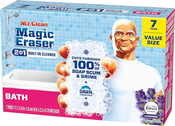 Mr. Clean Magic Eraser Sponge, Bathroom, Shower & Tub Cleaner, Soap Scum Remover, Bathroom Cleaning Supplies, Dawn Cleaning Power with Febreze Lavender Scent, 2 in 1 Bath, 7ct (Pack of 4)