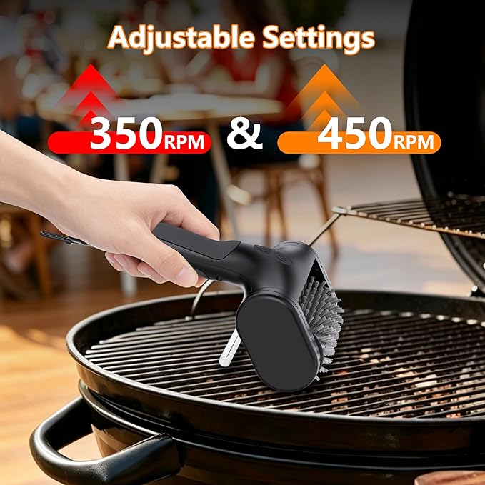 Electric Grill Brush for Outdoor, 2600mAh Upgraded BBQ Grill Cleaner with LED Light, 2-Speed Adjustable Gear, 450RPM Cordless Grill Brush, Grill Cleaning Brush with 150Mins Runtime
