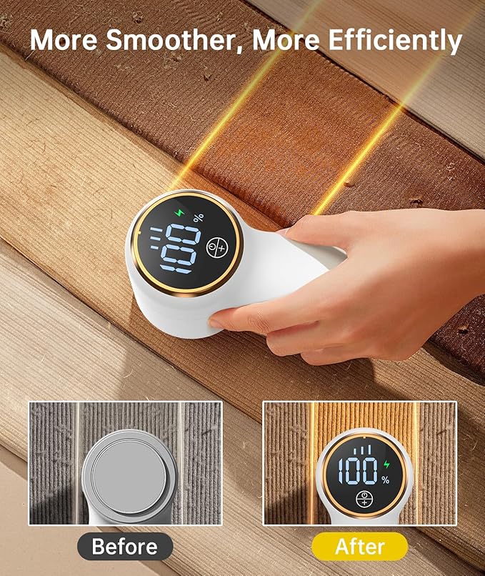 Rechargeable Fabric Shaver Lint Remover, Sweater Shaver with 3-Speed Control, LED Display Clothes Shaver, 6-Leaf Stainless Steel Blades, Suitable for Clothes, Sweater, Couch, Blanket, Wool (White)