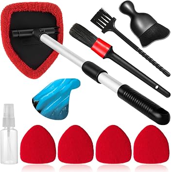 Qydipclin 10pcs Windshield Cleaner Tool, Car Window Cleaning Wash Kit with 4 Reusable Microfiber Pads 1 Spray Bottle and