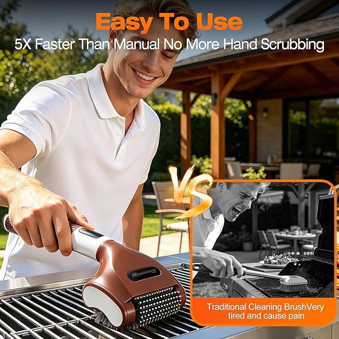 Misshappy Electric BBQ Grill Brush - 4000mAh Cordless BBQ Grill Cleaner 2 Speed - 800RPM Bristle Free Electric Grill Cleaner for Outdoor Grill Rechargeable with Scraper/LED Light/LED Display (Brown)