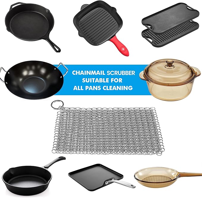 TOPULORS Cast Iron Scrubber 316 Stainless Steel Skillet Cleaner 8"x6" Chainmail Scrubber Scraper Chain Mail Link Scrub for Cast Iron Pre-Seasoned Pans, Griddles, BBQ Grills, and Pot Cookware Cleaning