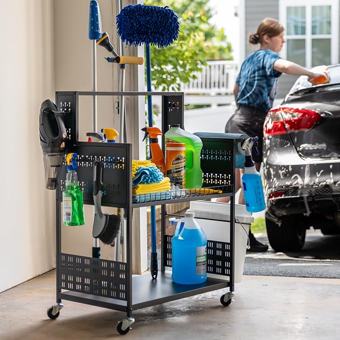 Large Cleaning Caddy with Wheels, 3 Tiered Rolling Cart Auto Detailing Cart, Car Truck SUV Boat RV, Rolling Cleaning Cad