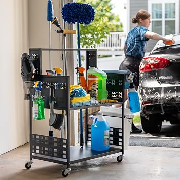Large Cleaning Caddy with Wheels, 3 Tiered Rolling Cart Auto Detailing Cart, Car Truck SUV Boat RV, Rolling Cleaning Cad