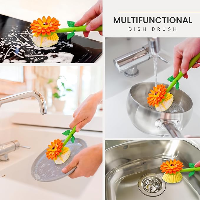 Vigar Flower Power Dish Brush with Handle and Vase Holder - Dish Scrub Brush for Dishes, Kitchen Scrub Brush, Dish Brush with Handle, Sink Cleaning Brush, Pot Scrubber, Dishwashing Brush - Orange