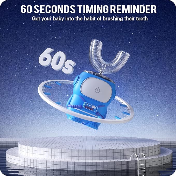 RexCodar Ultrasonic Kid's U-Shaped Electric Toothbrush, IPX7 Waterproof, Five Cleaning Modes, Cartoon Astronaut, 60S Smart Reminder (2-6 Age (Blue))