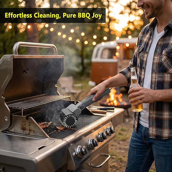 Electric Grill Brush 3-in-1 Kit – Cordless BBQ Cleaner with Reinforced Safe Metal Bristles – 2 Hours Runtime, Waterproof & Dishwasher Safe Removable Brushes for Deep Cleaning (Light Gray)
