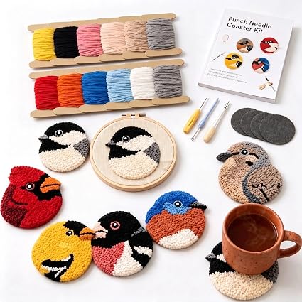 Punch Needle Kit for Adults Beginner - Bird Coaster Embroidery Set with 6 Patterns, Yarn & Tools - DIY Coaster, Pendant,