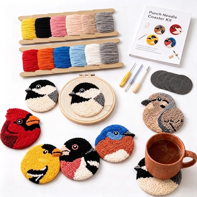 Punch Needle Kit for Adults Beginner - Bird Coaster Embroidery Set with 6 Patterns, Yarn & Tools - DIY Coaster, Pendant,