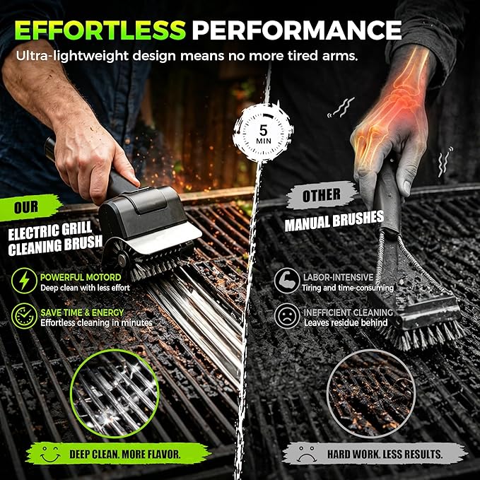 Electric BBQ Grill Brush - Cordless USB Rechargeable Grill Cleaning Brush with High-Speed Motor, Heavy Duty Stainless Steel Bristles, Automatic Barbecue Grate Cleaner Tool, Perfect BBQ Accessories