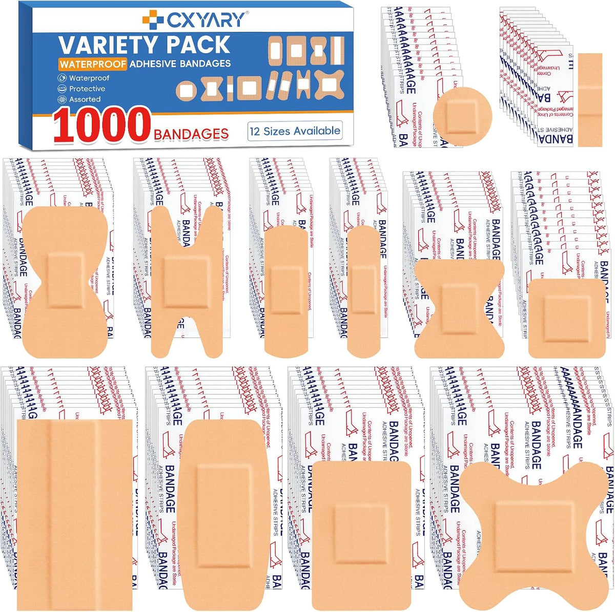 1000 Counts Assorted Bandages Bulk Variety Pack 12 Styles Waterproof