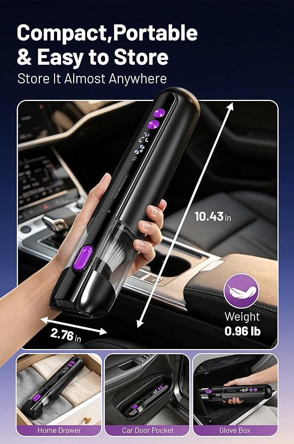 Handheld Cordless Car Vacuum Cleaner 15000Pa, 3-in-1 Portable Vacuum with LED Display & HEPA Filter,USB-C Rechargeable, up to 30-Min Runtime for Car, Home, Desk & Pet Hair(Black)