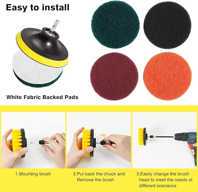 22 Pcs Drill Attachments Set, Scrub Pads & Sponge & Wire Brush, Power Scrubber with Extend Long Attachment, Drill Scrubber Brush Kit for Bathroom, Floor, Car, Grout