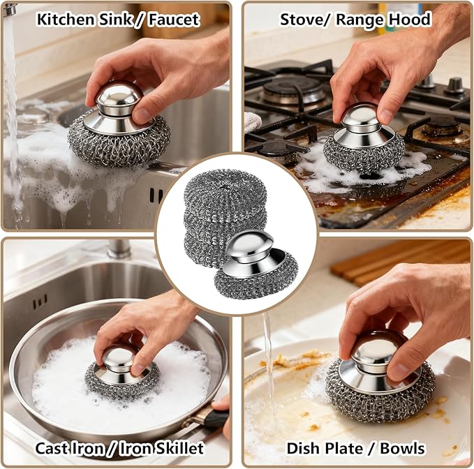 Steel Wool Scrubber, 4-Pack Stainless Steel Scrubber Pads with Handle - The Ultimate Scouring Solution for Rust, Stubborn Messes on Cookware, Grill, Oven & Kitchen Sinks