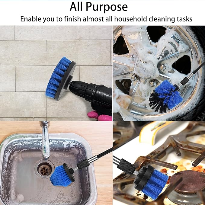 8 PackDrill Brush Attachment Set, 1/4in Power Scrubber Brush + Extend Long Rod, Brush Drill Attachment, Power Cleaning Scrub Brush for Bathroom, Tub, Tile, Corner（Blue）