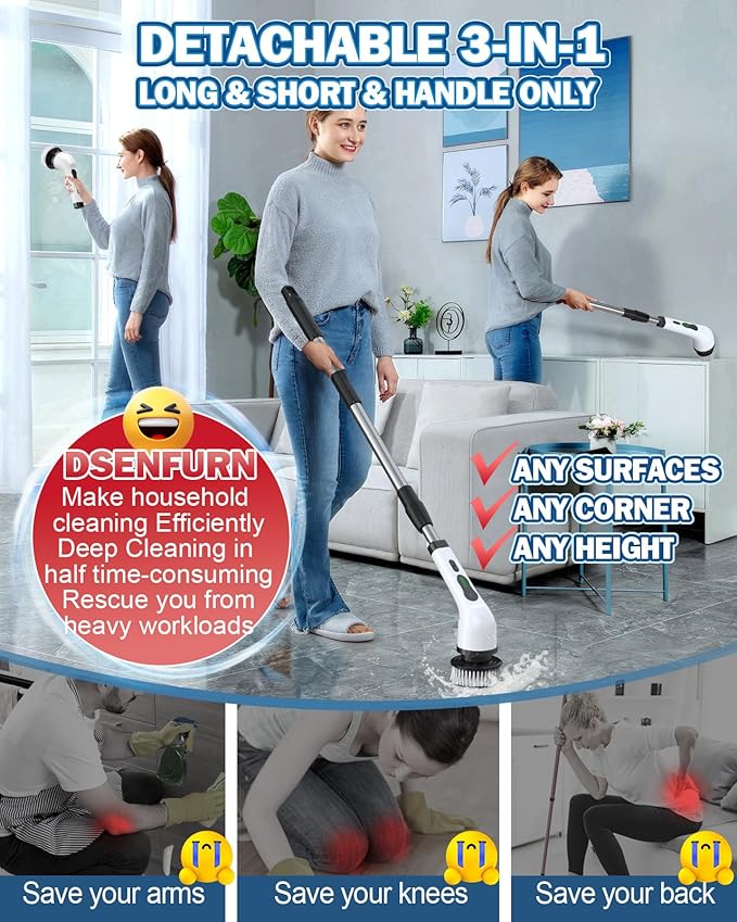 Electric Spin Scrubber, IPX7 Waterproof Cordless Cleaning Brush with 8 Replaceable Heads, Dual Speed & USB-C Charging, Retractable Handle Power Scrubber for Bathtub, Tile, Bathroom