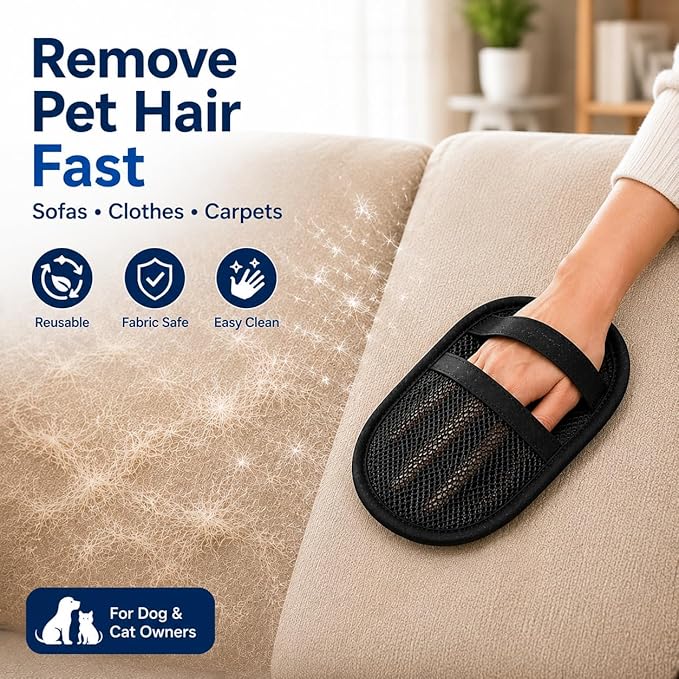Pet Hair Remover Glove 2-Pack for Couch, Carpet, Bed, Car Seat & Clothing, Reusable Electrostatic Tool for Cat & Dog Hair