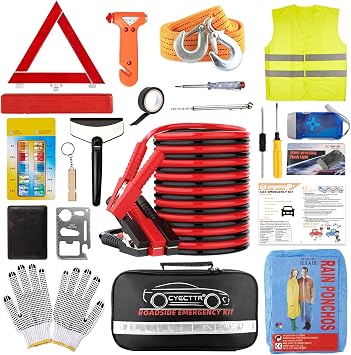 Car Roadside Emergency Kit,Auto Vehicle Truck Safety Emergency Road Side Assistance Kits with Jumper Cables,Safety Hamme