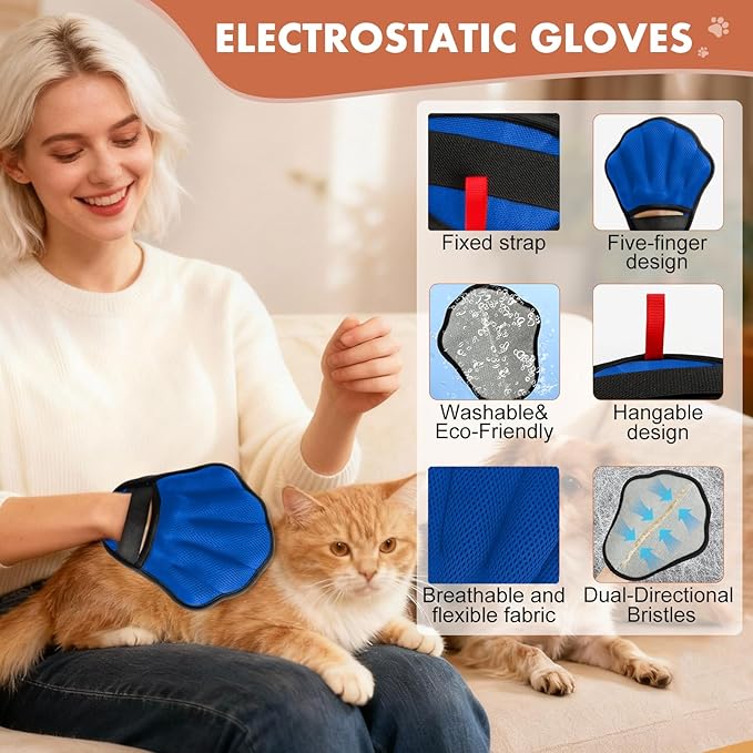 Pet Hair Removal Glove, Electrostatic Pet Hair Remover Glove for Cats & Dogs, Pet Hair Remover Tool for Laundry, Couch, Carpet, Car Seat - Upgraded Five-Finger, Reusable, Blue+Grey