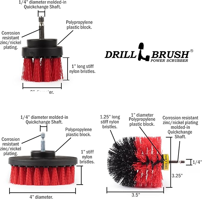 Drillbrush Heavy Duty Stiff Bristle Brush Kit – Power Scrubber Attachment for Concrete, Brick, Siding, Stone, Driveways, Fireplaces, Hard Water Stains, Gravestone & Cemetery Headstone Cleaning Brushes