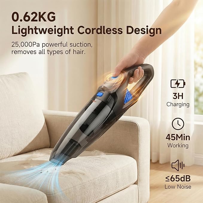 Handheld Vacuum Cordless, 25000Pa Powerful Suction Car Vacuum Portable Cordless with 8000mAh Battery & LED Light, Hand Held Vacuum Rechargeable with HEPA Filters, Home, Car Seats, Pet Hair Blue