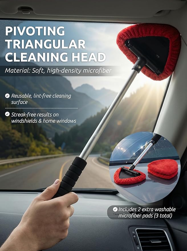 TAKAVU Windshield Window Cleaner Tool, Extendable Long-Reach Handle, Unique Pivoting Triangular Head, 3 Washable Reusable Microfiber Bonnets, Car & Home Inside Interior Exterior Use - Lint Free (Red)