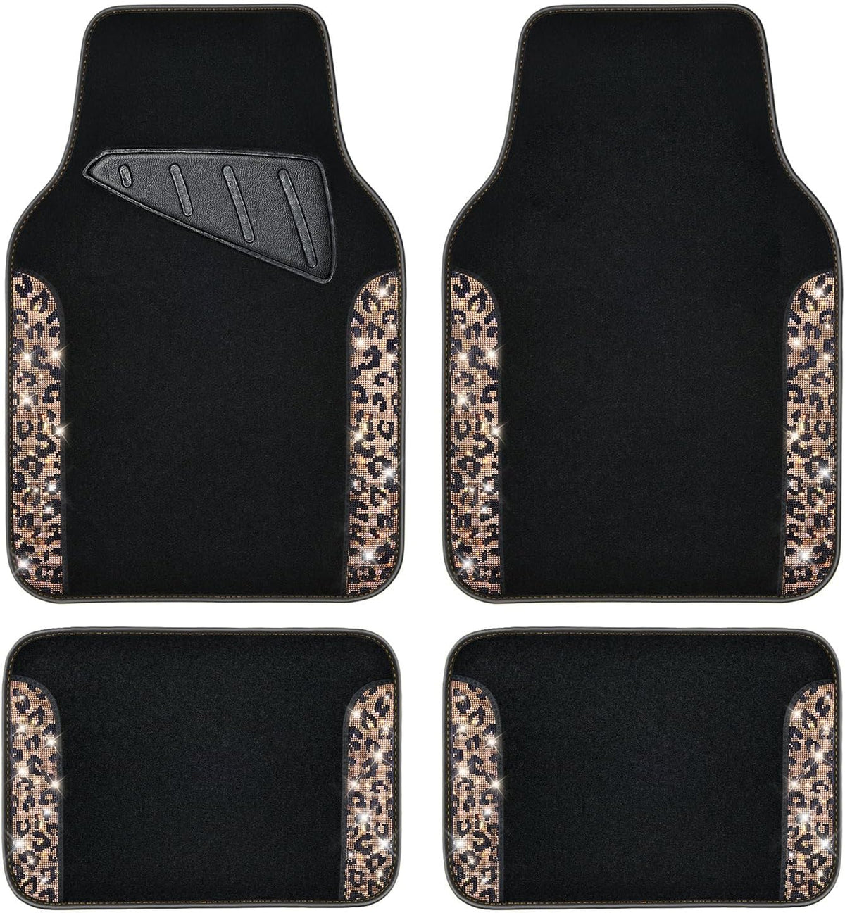 Bling Diamond Car Floor Mats, Shining Rhinestone Carpet Sparkly Glitter Crystal with Anti-Slip PVC Heel Pad Waterproof Universal Fit Automotive SUV,Sedan,Van,Cute Girl Women,4pcs Gold Leopard
