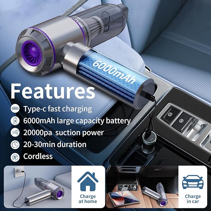 NWDEY Car Vacuum Cleaner High Power 20000Pa – Cordless Handheld Mini Vacuum & Air Duster for Car & Desk, Home, Office & Camping, Ideal Gift for Men & Women, 6000mAh Battery