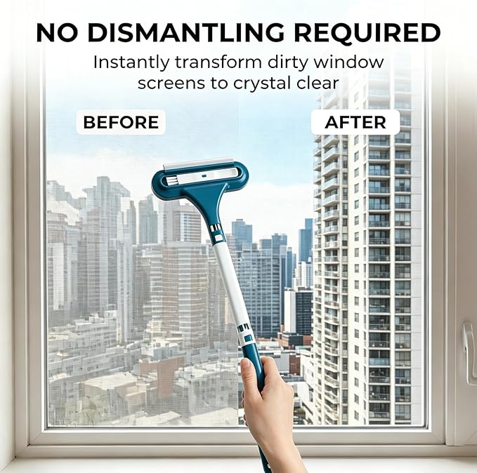 3 in 1 Window Screen Cleaner, Mesh Window Screen Cleaning Brush with Squeegee, Multi-Purpose Tool for Patio, Door and Porch Screens (Blue)