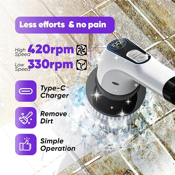 Electric Spin Scrubber Cordless – Powerful Bathroom Cleaning Brush with Long Handle, 2 Speeds, 3000mAh Rechargeable, 7 Brush Heads, Wall Hanger & Crevice Tools – Shower, Tub & Tile Cleaner