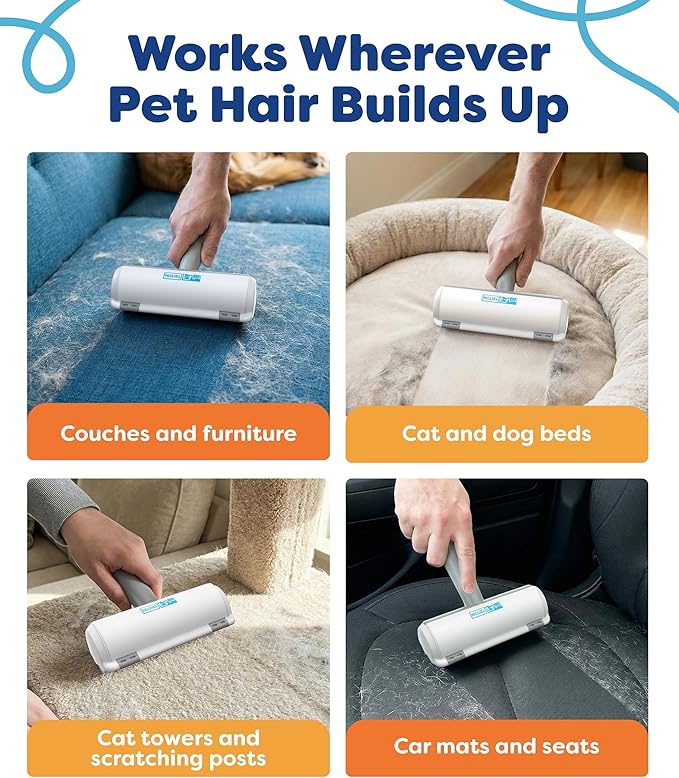 Triton Pet Hair Removal Tool w/Fur Trapping Compartment and Detachable Handle, 60% Smaller Storage Size, Reusable Shedding Roller, Cat and Dog Hair Remover for Car, Furniture, Carpet (Gray/White)