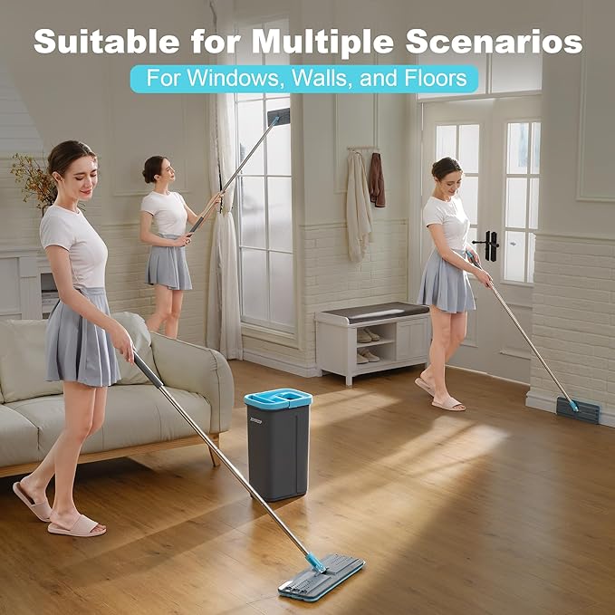 JOYMOOP Microfiber Replacement Mop Pads for Flat Mop System, 13" Mop Head Refills Compatible with JOYMOOP Mop and Bucket Set, 4-Pack, Grey and Cyan Blue