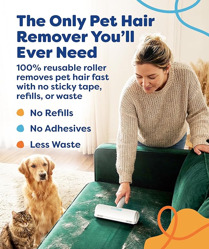 Triton Pet Hair Removal Tool w/Fur Trapping Compartment and Detachable Handle, 60% Smaller Storage Size, Reusable Shedding Roller, Cat and Dog Hair Remover for Car, Furniture, Carpet (Gray/White)