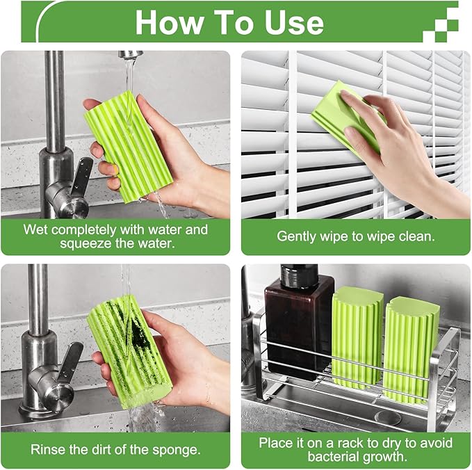Jeymei 4-Pack Damp Clean Duster Sponge, Sponge Cleaning Brush, Duster for Cleaning Blinds, Glass, Baseboards, Vents, Railings, Mirrors, Window Track Grooves and Faucets Green Non-Scratch Sponges