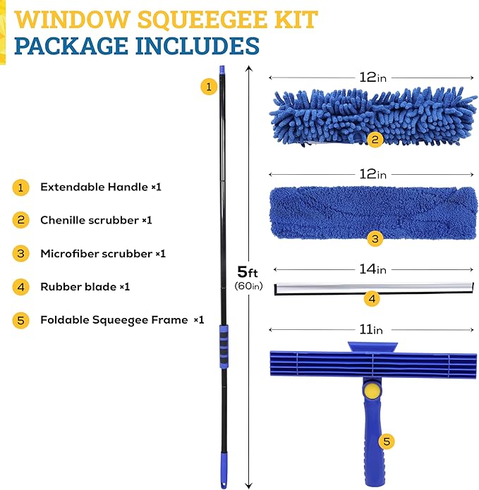 Kleen Handler 2-in-1 Window Squeegee with 60” Extendable Pole, Rotatable Glass Cleaner Tool for Commercial and Residential Use, 2 Reusable Sleeves and 14” Blade