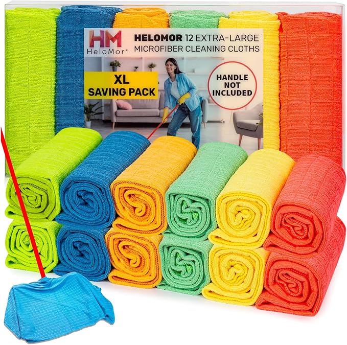 HELOMOR 12 Extra Large Microfiber Cleaning Cloths, 30"x18" Floor Towels for Squeegee Mop, Reusable Multi-Purpose Cleanin