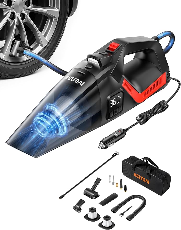 AstroAI 4-in-1 V3 Portable Handheld Car Vacuum Cleaner & Tire Inflator, 150 PSI Portable Air Compressor with Digital Dual Values Display, LED Light, 12V DC, 16.4FT Cord for Cars, Bikes, SUVs