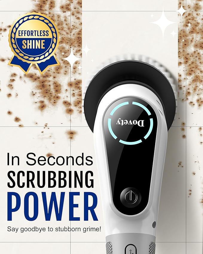 Dovety Electric Spin Scrubber, Shower Scrubber, Power Cleaner Tools with 8 Replaceable Brush Heads, Cleaning Brush with Extension Handle, 2 Adjustable Speeds, 90Mins Work Time for Home Bathtub-White