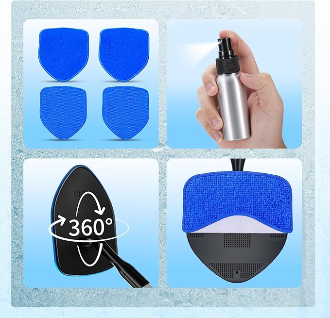 XINDELL Windshield Cleaner Tool, Car Window Cleaning Kit with 5 Reusable Microfiber Pads, Extendable Handle & 360° Rotating Head, Safety Hammer, Streak-Free Auto Glass Wiper for Car Truck SUV RV