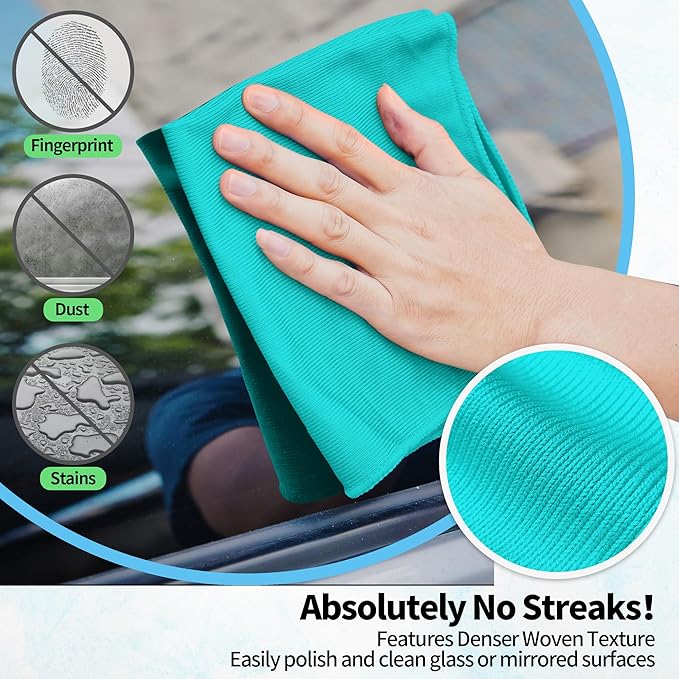 Microfiber Cleaning Cloth - 10 Pack Glasses Cleaning Cloth, 16" x 14" Window Cleaning Rags, Streak Free Lint Free Polishing Cloths Wipes for Eye Glass, Stainless Steel, Windshield, Turquoise