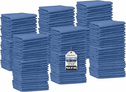 Premium Shop Towels Blue, 500 Pack, 13”x14”, Reusable Cleaning Rags Bulk, Multipurpose Commercial-Grade Shop Rags Cotton